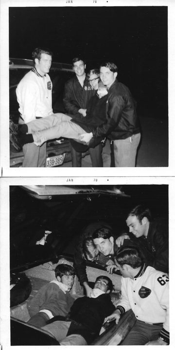 Two black and white prints: four brothers carrying a pledge at the back of a car, and two pledges lying in the open trunk, both stamped Jan 70